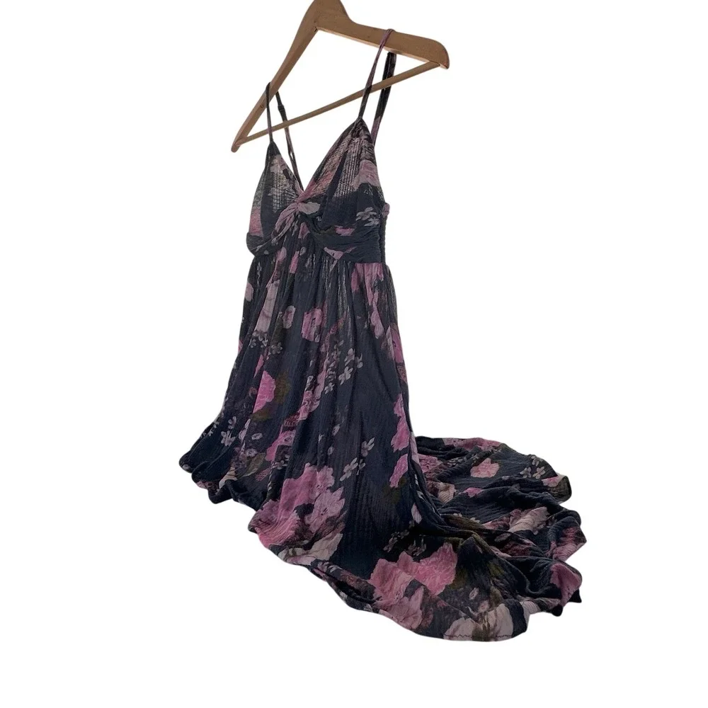 Free People Floral‎ High Low Dress Navy Pink Smocked Back Adj Straps Sz S Boho